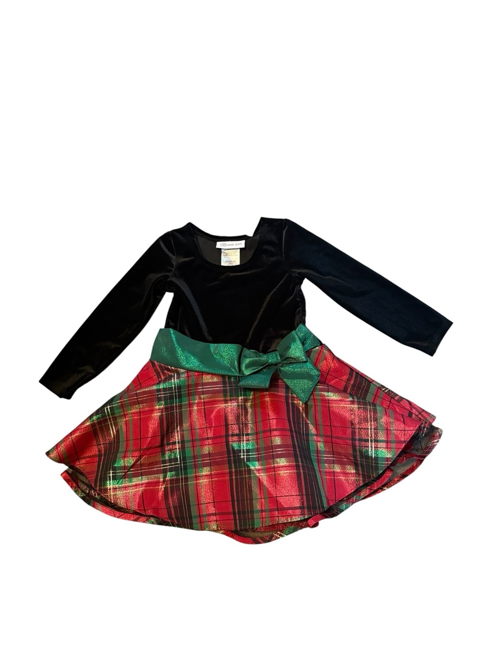 Bonnie Jean Toddler Velvet Top Holiday Plaid Dress with Green Bow